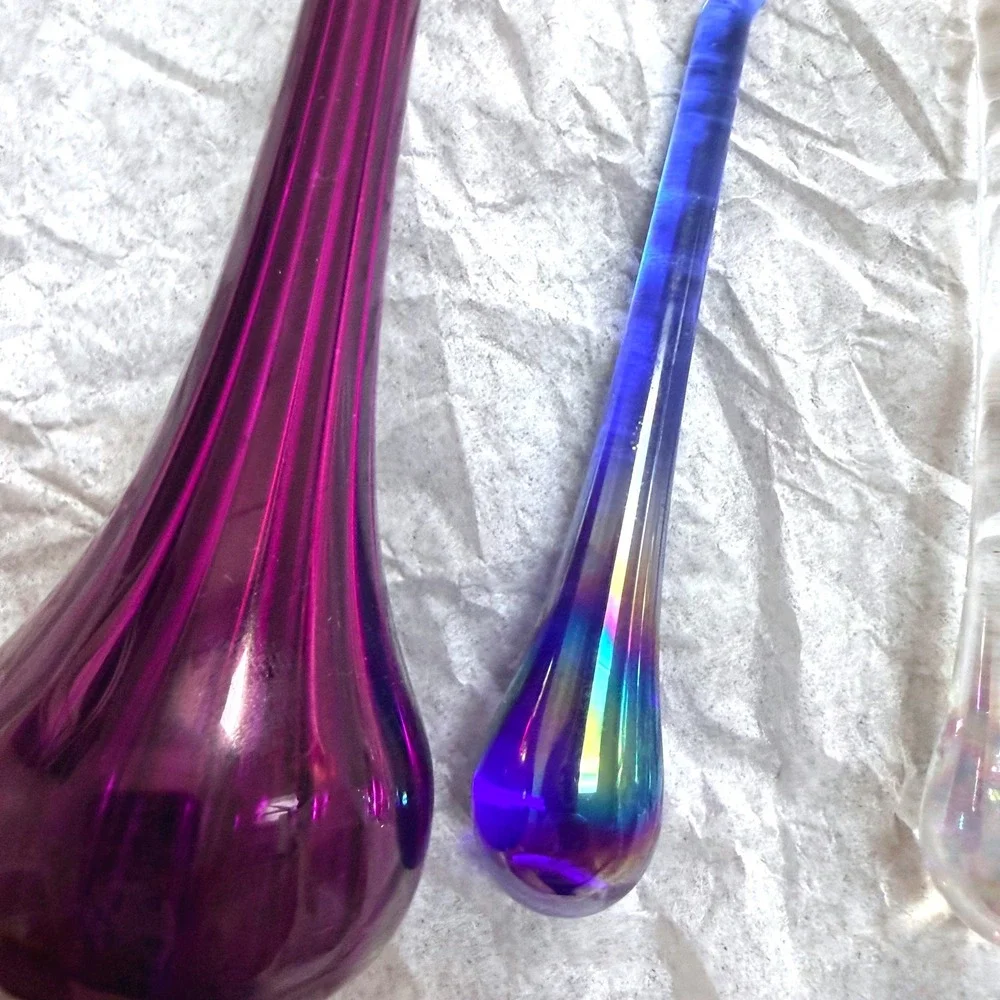 Vintage Hand Blown Glass Icicle Ornaments Purple Blue Iridescent Clear Set of 8